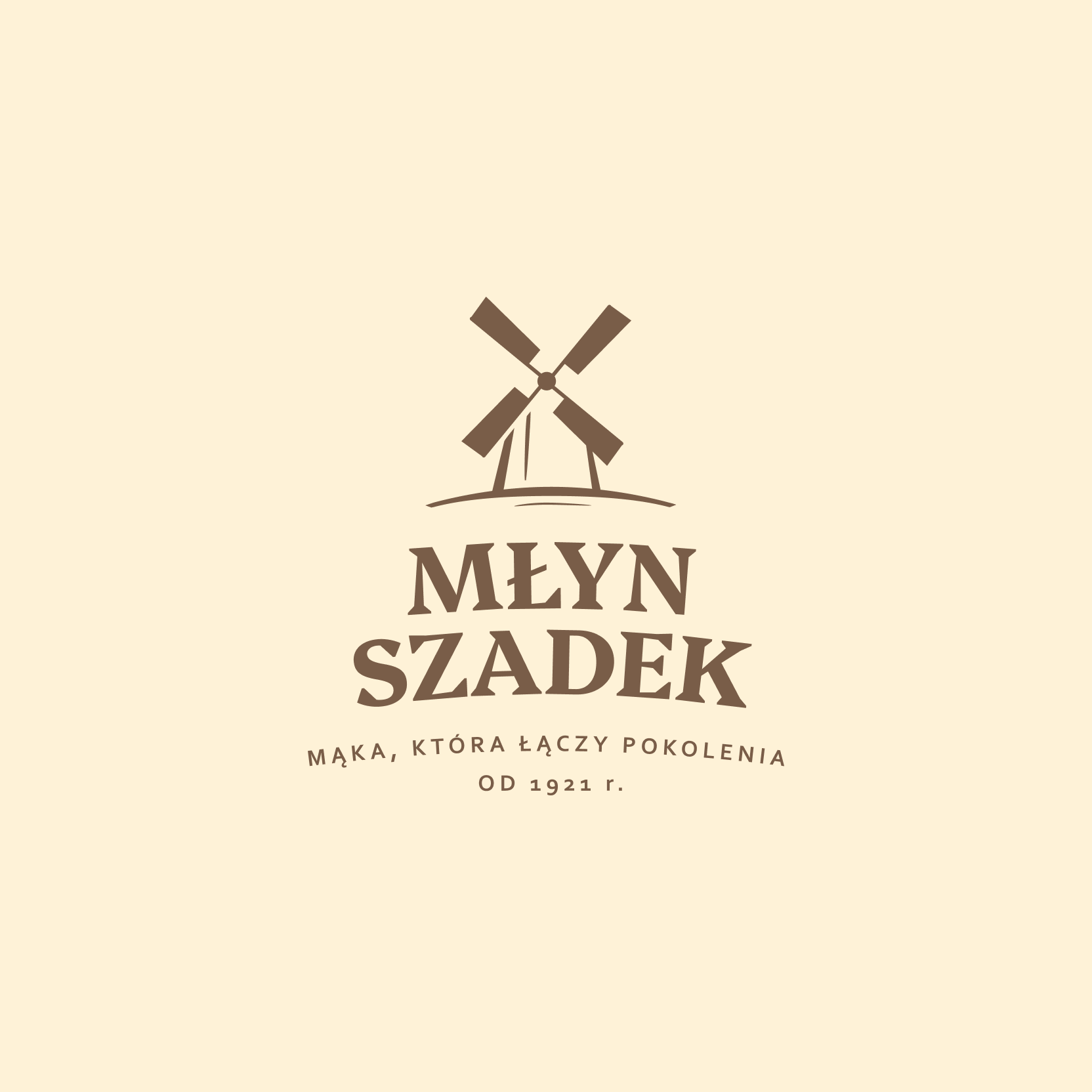 Młyn Szadek — logotyp firmowy z motywem wiatraka i sloganem